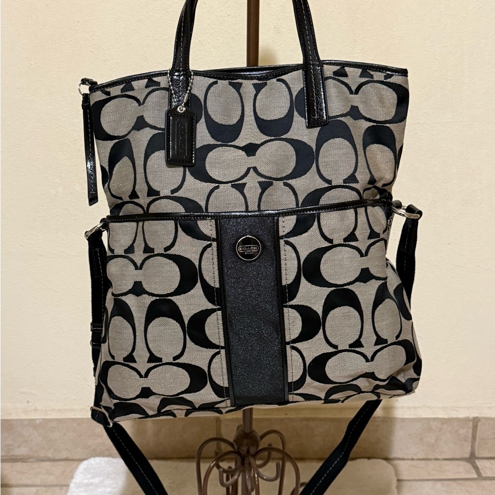 Coach Signature Stripe Fold over Black and Gray 2 Way Design-CONVERTIBLE Tote